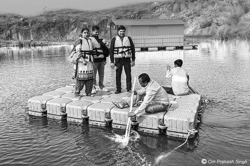 The raft for traversing the mine waters to access the cage fish farming unit in the mining pit at Nandna village, Dumka district, Jharkhand